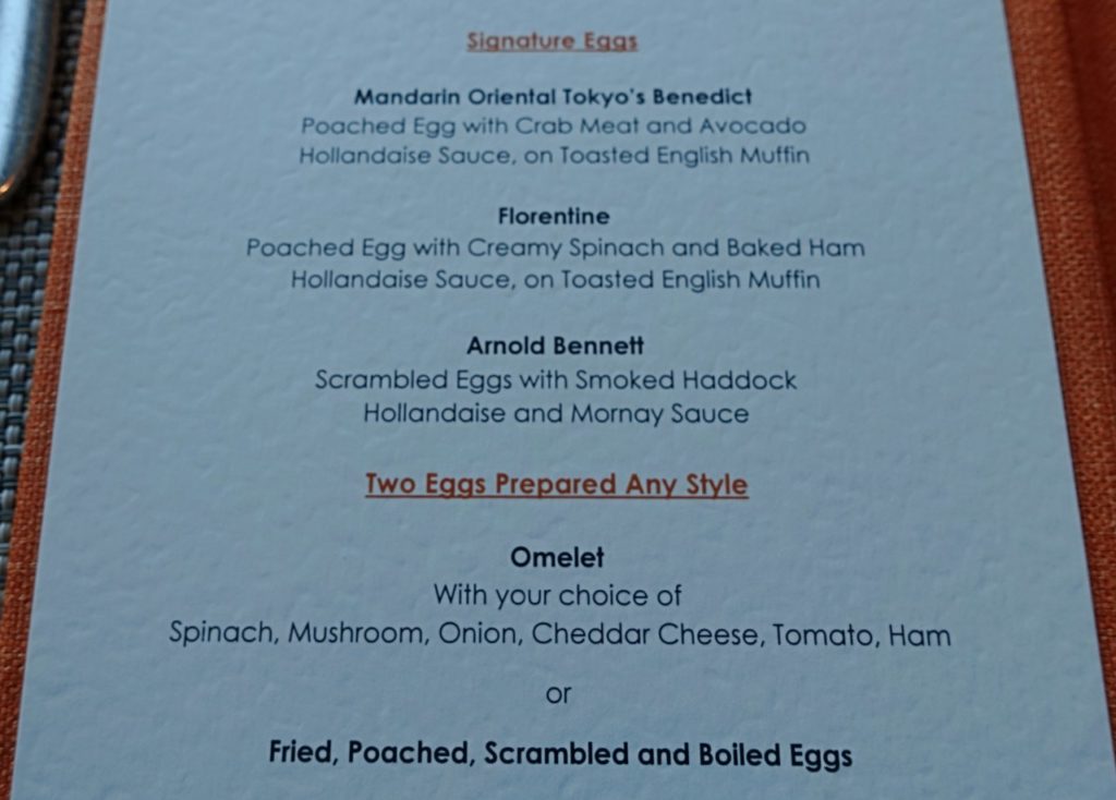 K'shiki Breakfast Menu, Mandarin Oriental Tokyo