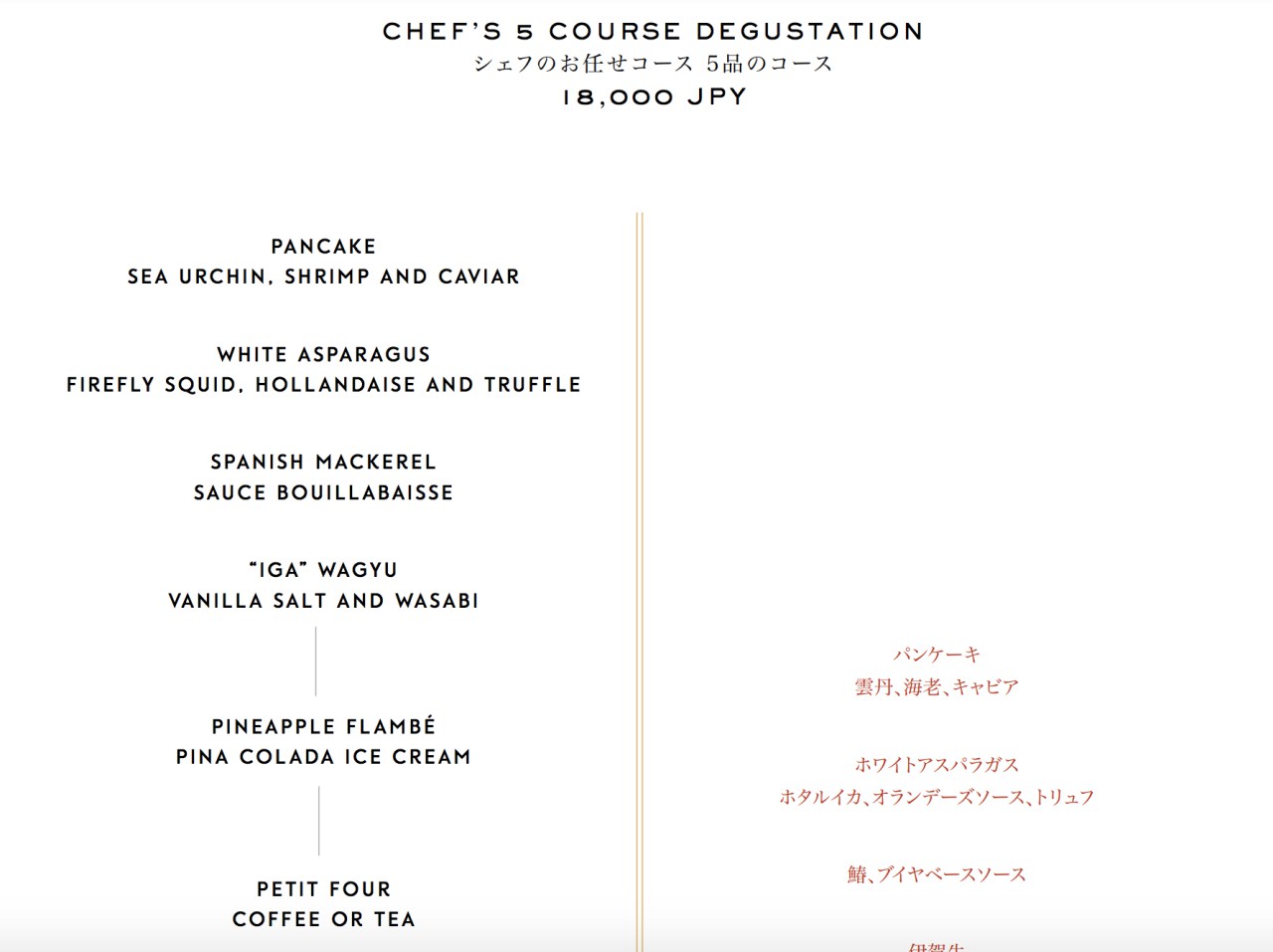 Yasaka Menu, Park Hyatt Kyoto