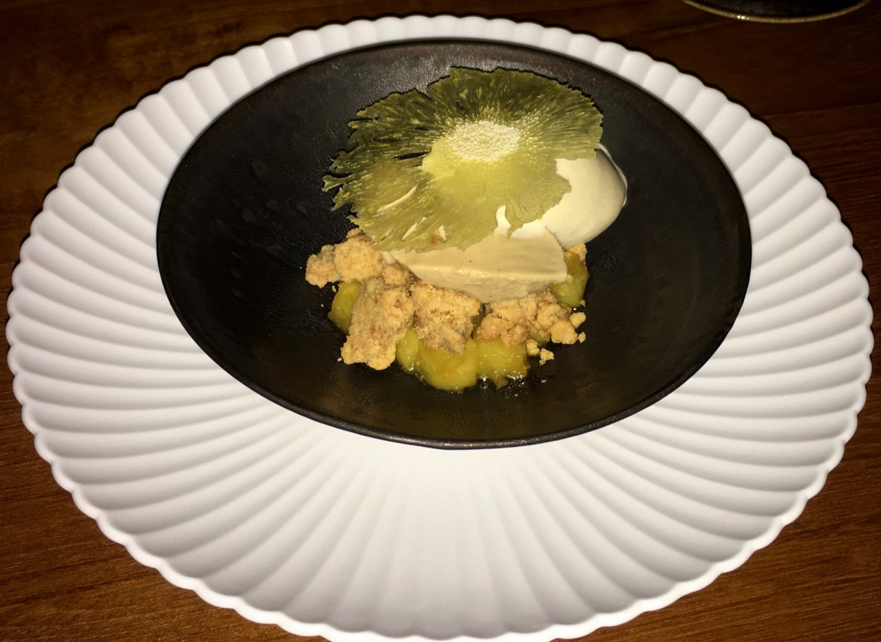 Pineapple flambé with rum, maple crumble, black sesame panna cotta, Yasaka Review, Park Hyatt Kyoto