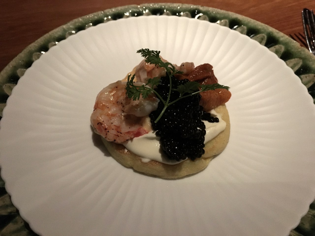 Savory Pancake with Black Caviar, Hokkaido Uni, and Prawn at Yasaka, Park Hyatt Kyoto