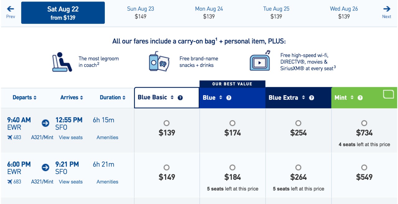 JetBlue Mint Adds Newark to SFO and LAX Flights