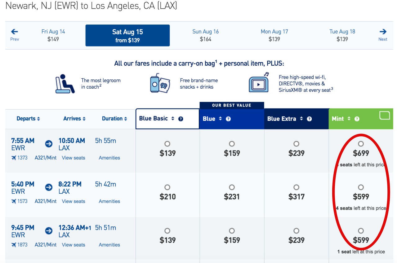 New JetBlue Mint EWR-LAX Flights as Low as $599