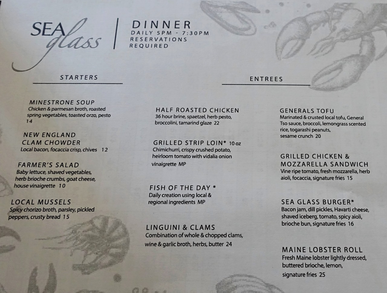 Sea Glass Dinner Menu, Inn by the Sea