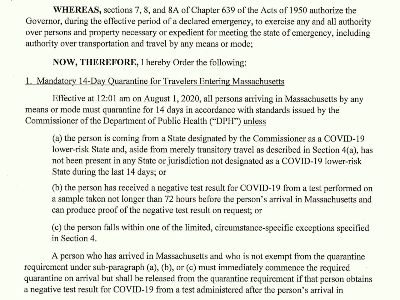 Governor Baker Massachusetts Coronavirus Quarantine Order