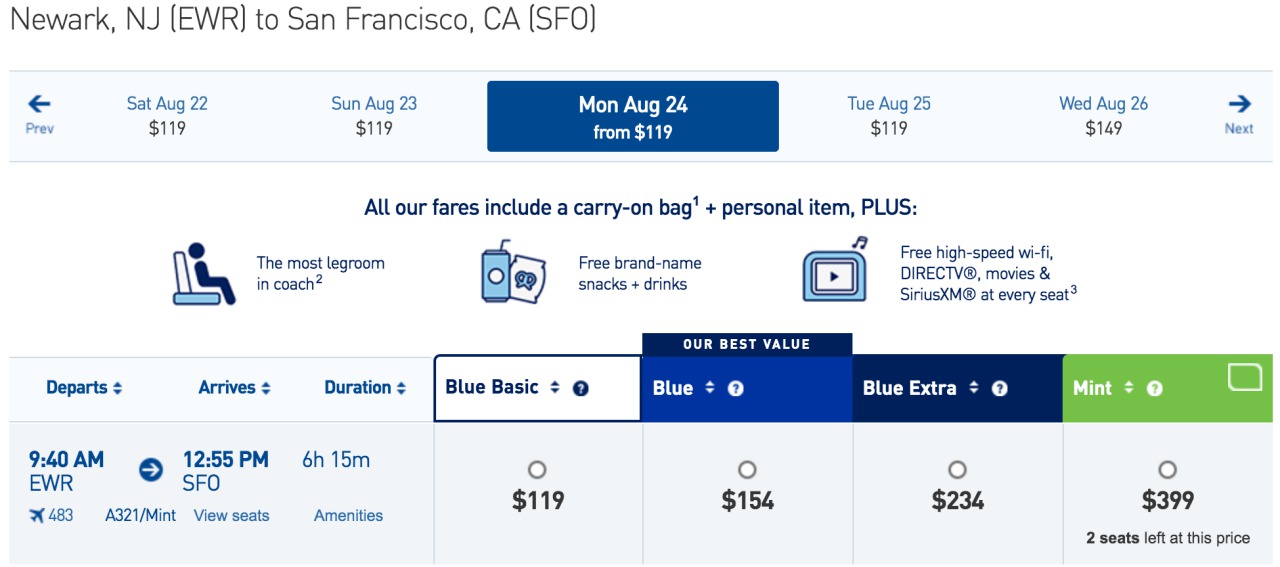 Fly JetBlue Mint from EWR to SFO for Just $399