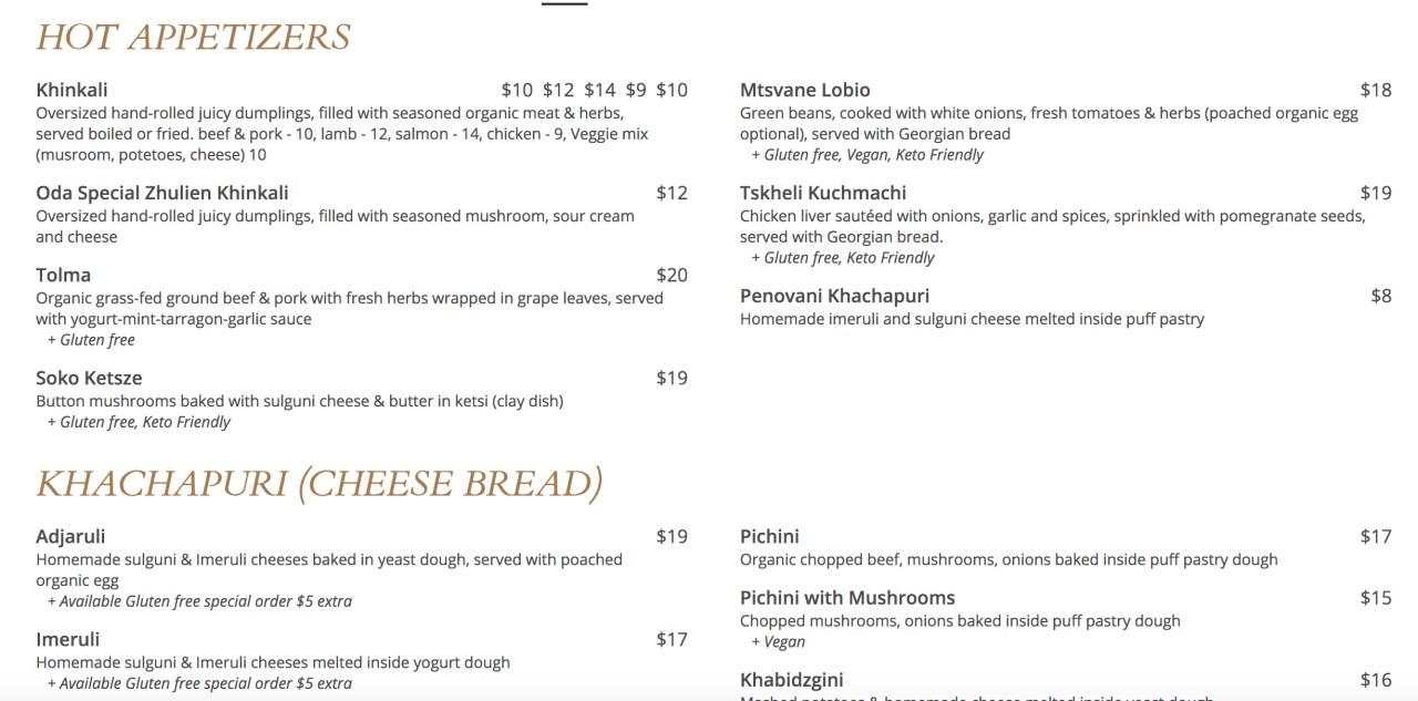 Oda House Menu: Hot Appetizers and Khachapuri