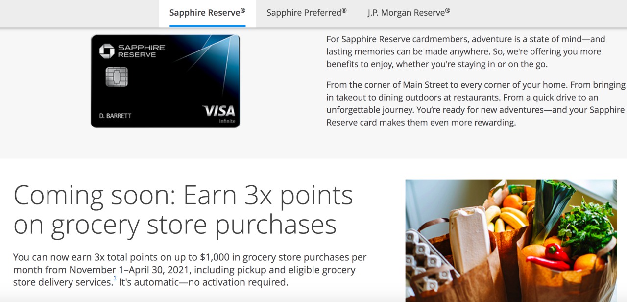Chase Sapphire Reserve: 3X on Groceries