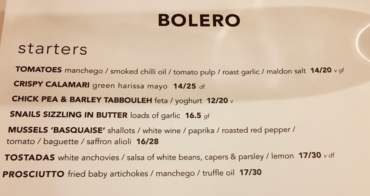 Bolero Brasserie Bermuda Menu