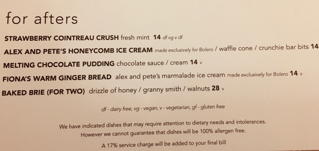 Bolero Brasserie Bermuda Dessert Menu