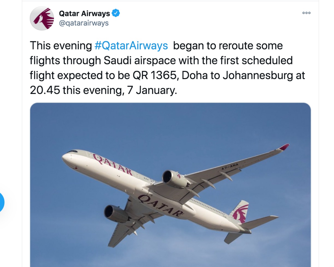 Qatar Airways: First Flight Over Saudi Arabia Airspace Since Blockade