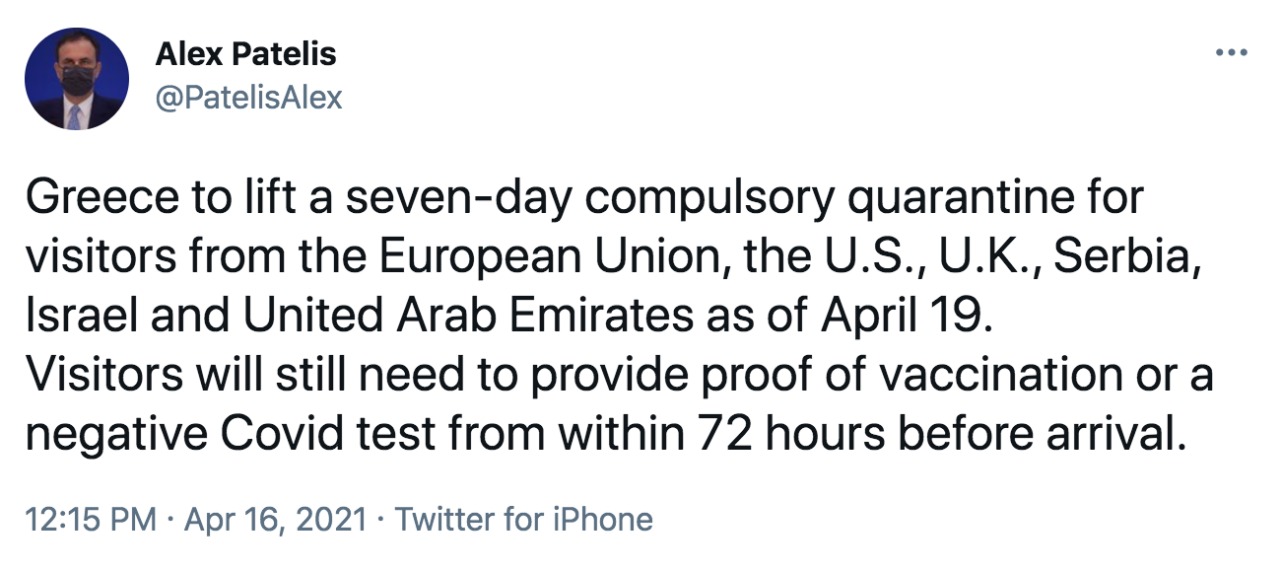 Greece Reopening to Vaccinated Americans