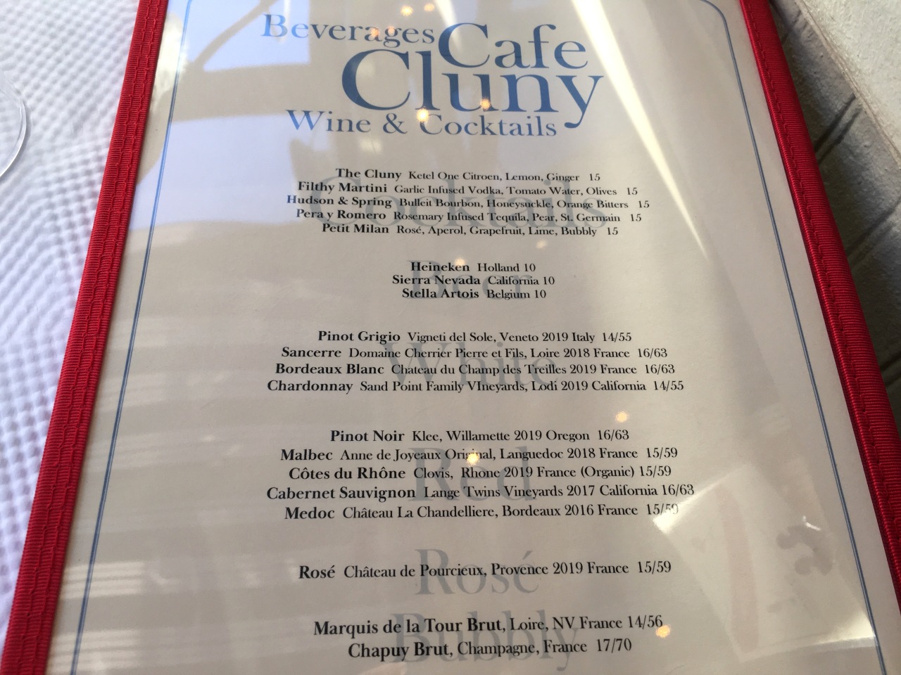 Cafe Cluny NYC Wine List