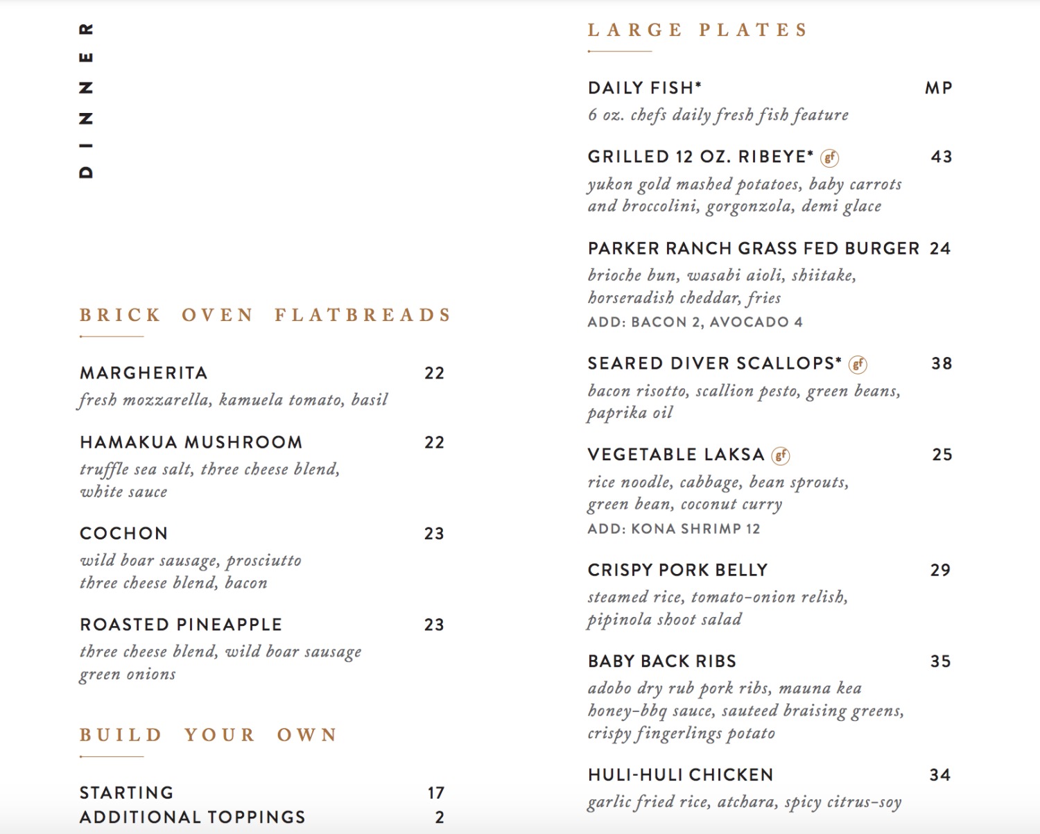 Copper Bar Dinner Menu, Mauna Kea Beach Hotel