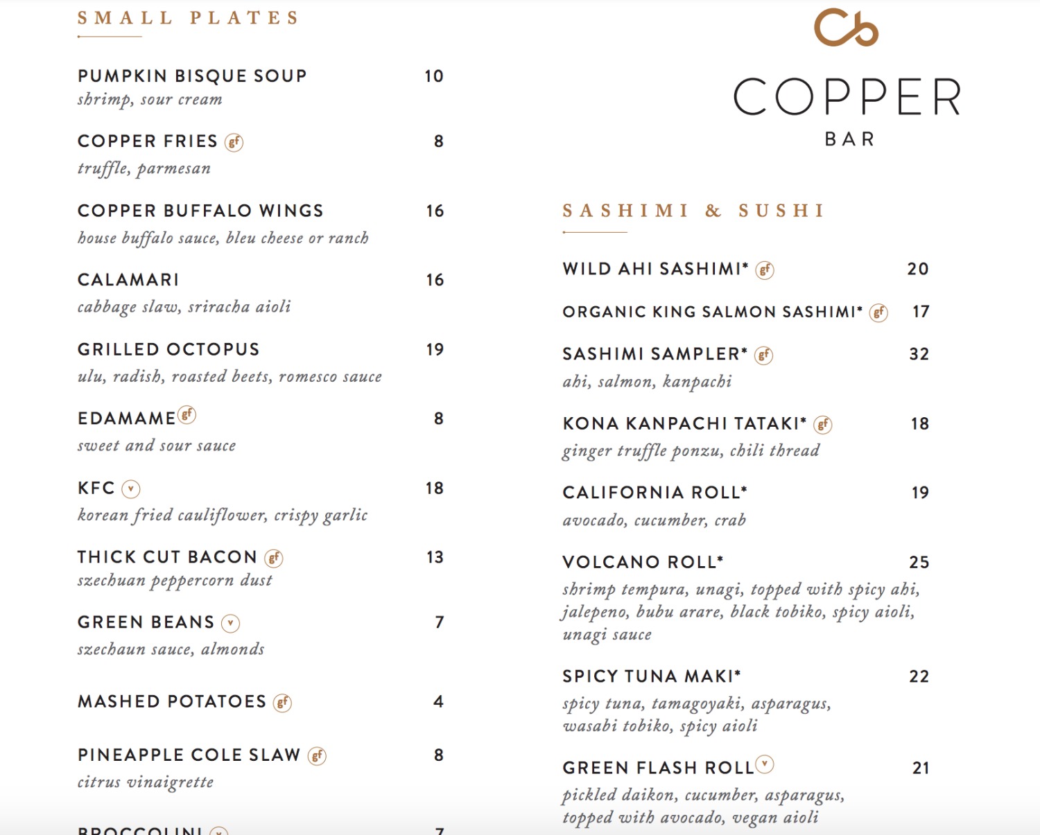 Copper Bar Dinner Menu, Mauna Kea Beach Hotel