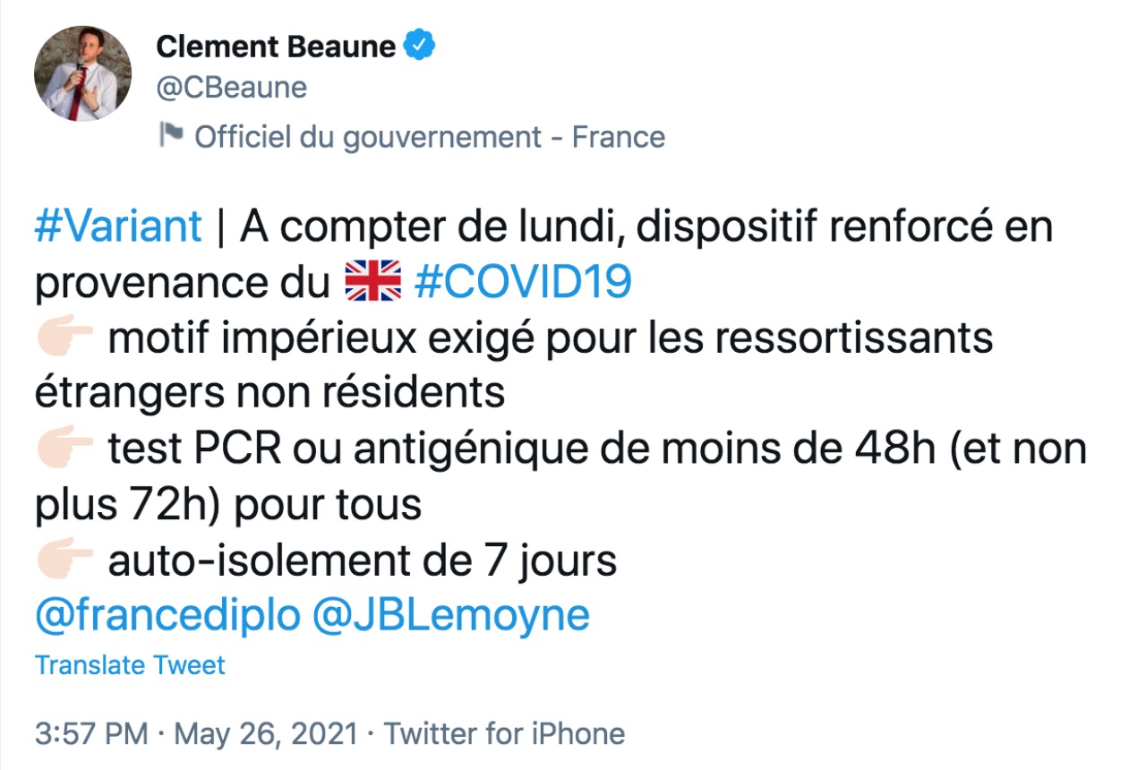 France: 7-day Quarantine for UK Arrivals, Even with Negative COVID-19 Test