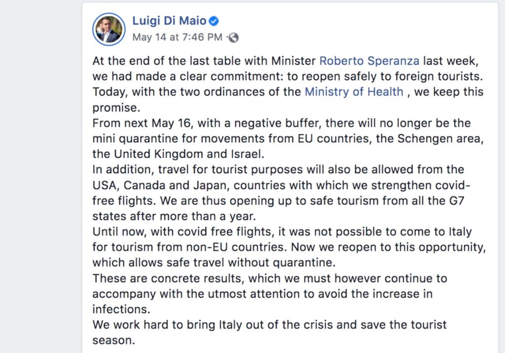 Luigi Di Maio Announcement of Italy Reopening with Covid Free Flights