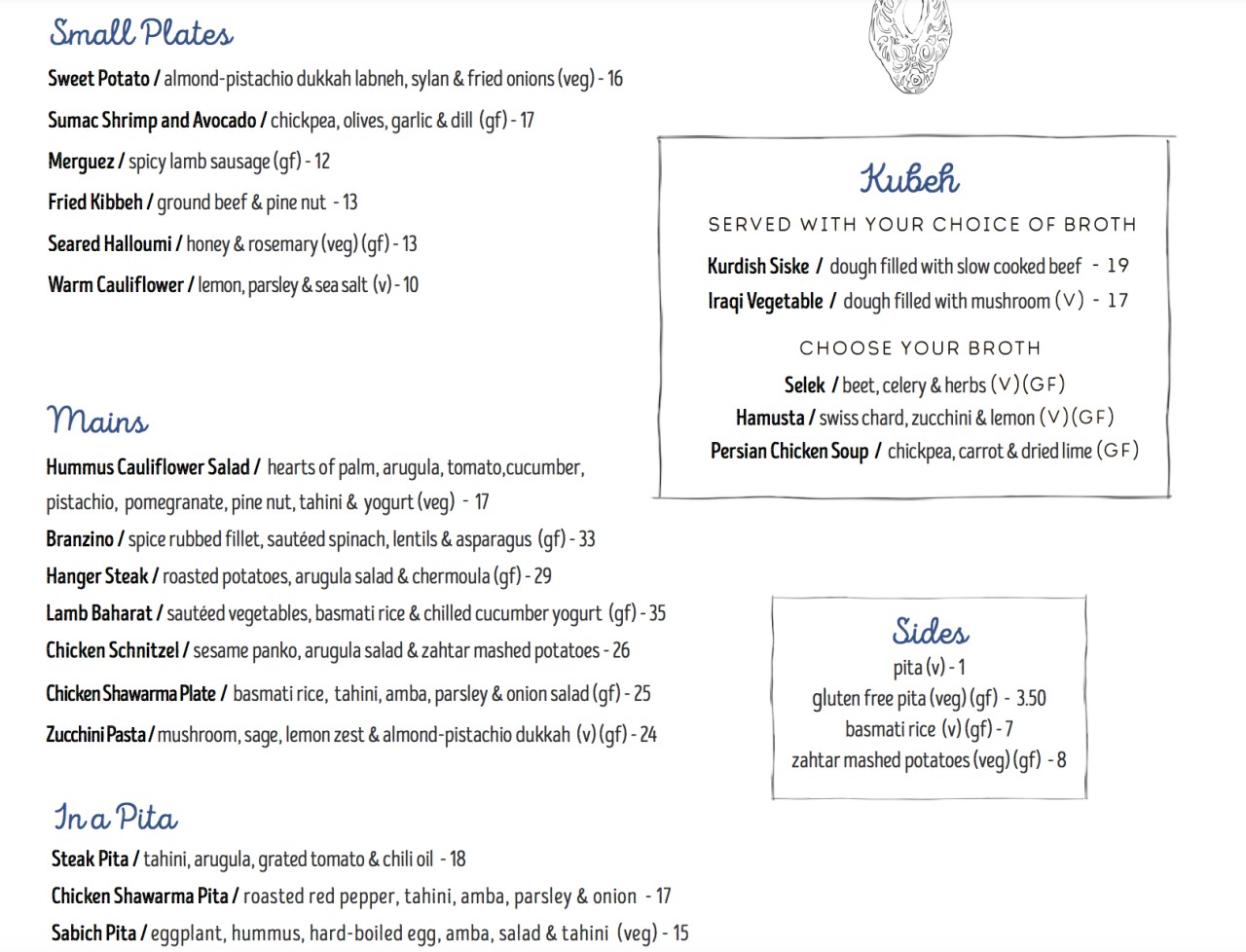 Kubeh NYC Dinner Menu