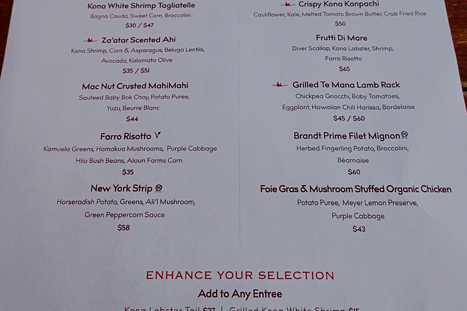Manta Dinner Menu, Mauna Kea Beach Resort