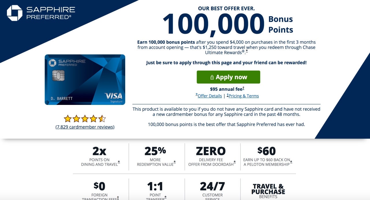 100K Chase Sapphire Preferred, Waived Annual Fee Offer