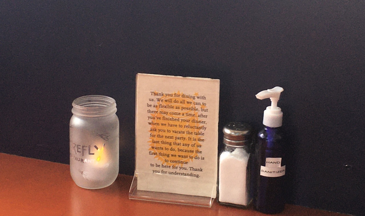Candle, Hand Sanitizer at Firefly Restaurant Outdoor Table, San Francisco