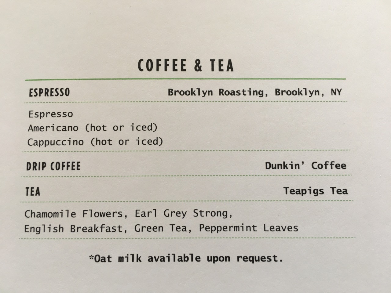 JetBlue Mint Coffee and Tea Menu 2021