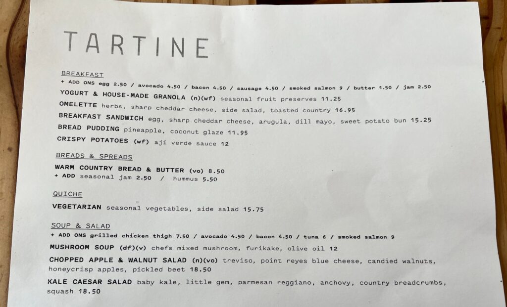 Tartine Manufactory Menu