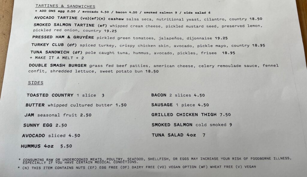Tartine Manufactory Menu
