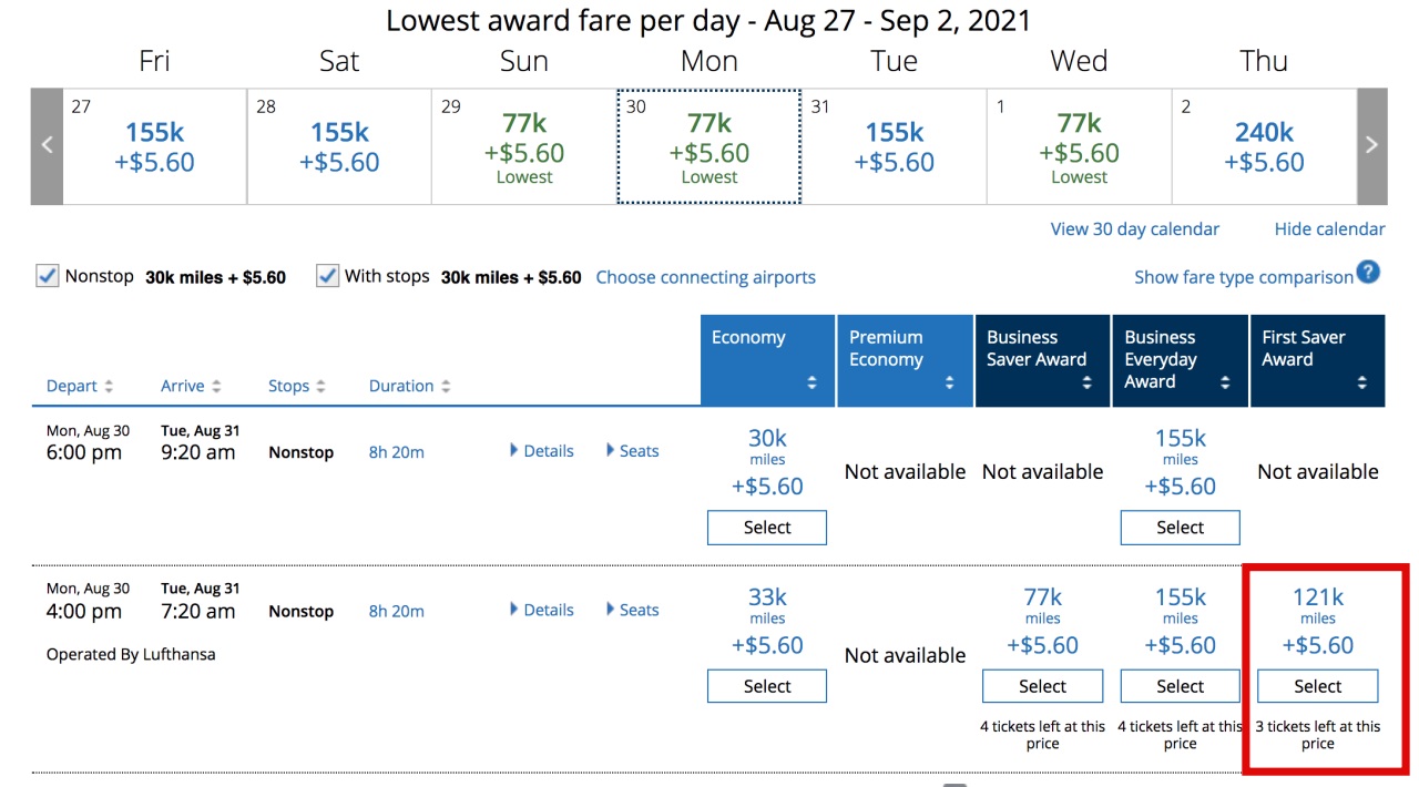 Book Lufthansa First Class 747-8 ORD-FRA Award Seats with United Miles 30 Days in Advance