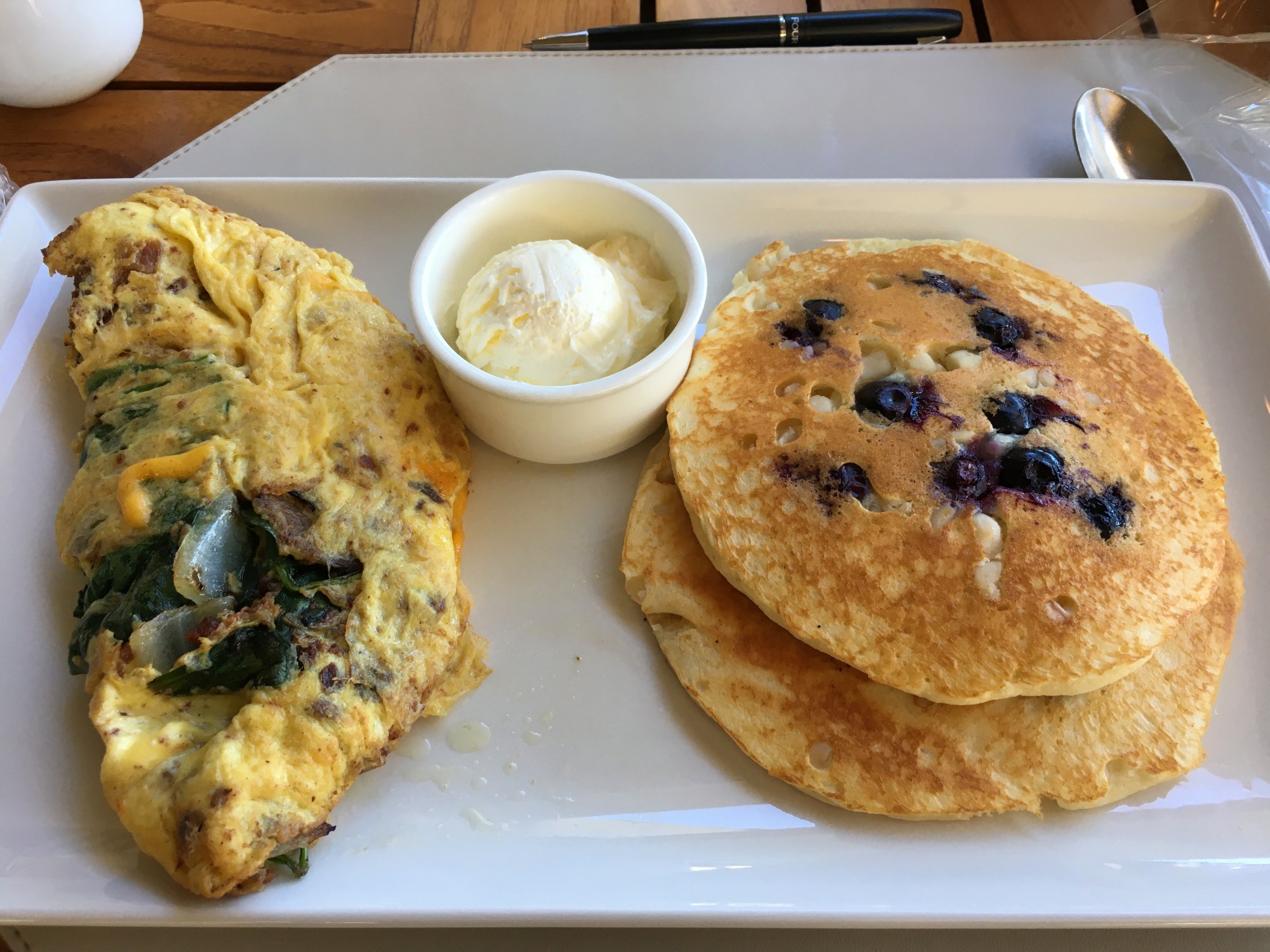 Four Seasons Maui Breakfast: Omelet and Blueberry Macadamia Nut Pancakes Cooked to Order
