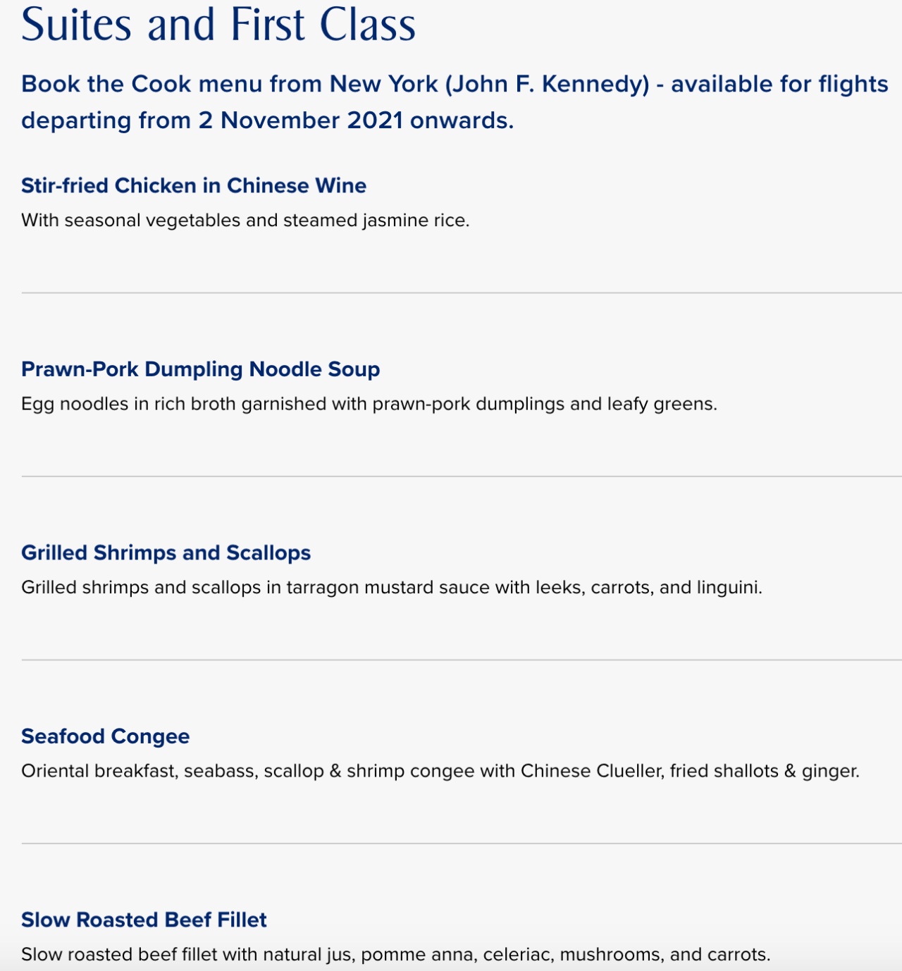 Singapore Airlines Book the Cook Menu from New York JFK from November 2, 2021
