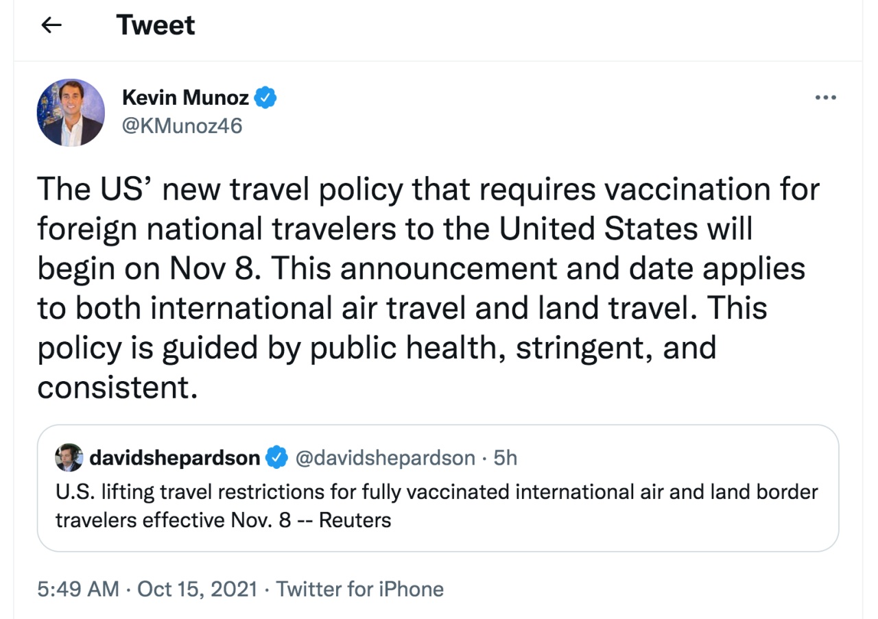 United States Allowing Vaccinated Foreign Visitors from November 8, 2021