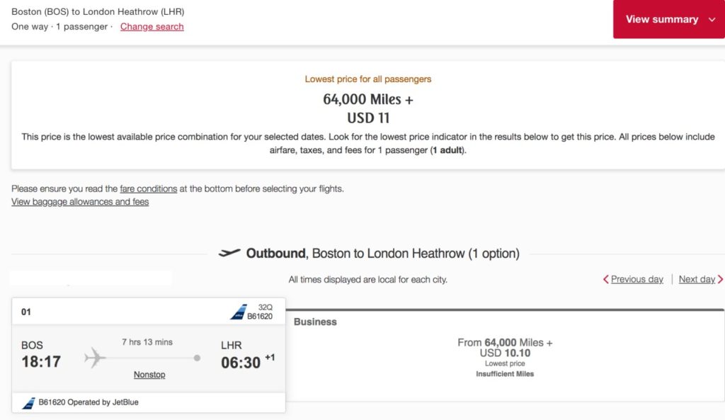 Book JetBlue Mint Suite to London with Emirates Skywards Miles