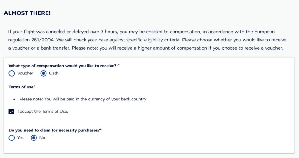 Claim EC 261 Compensation from Air France: Select Cash or Voucher