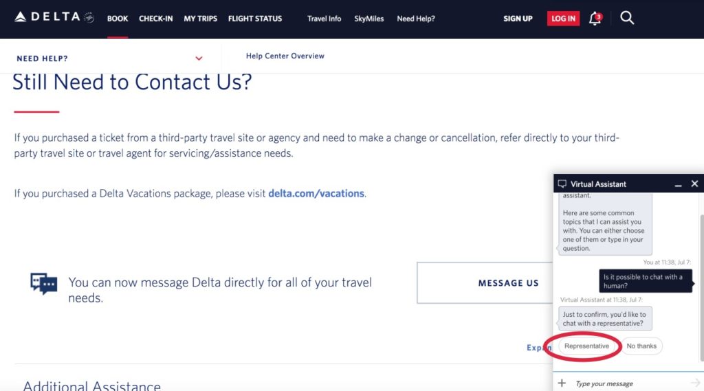 Delta Airlines Chat Message