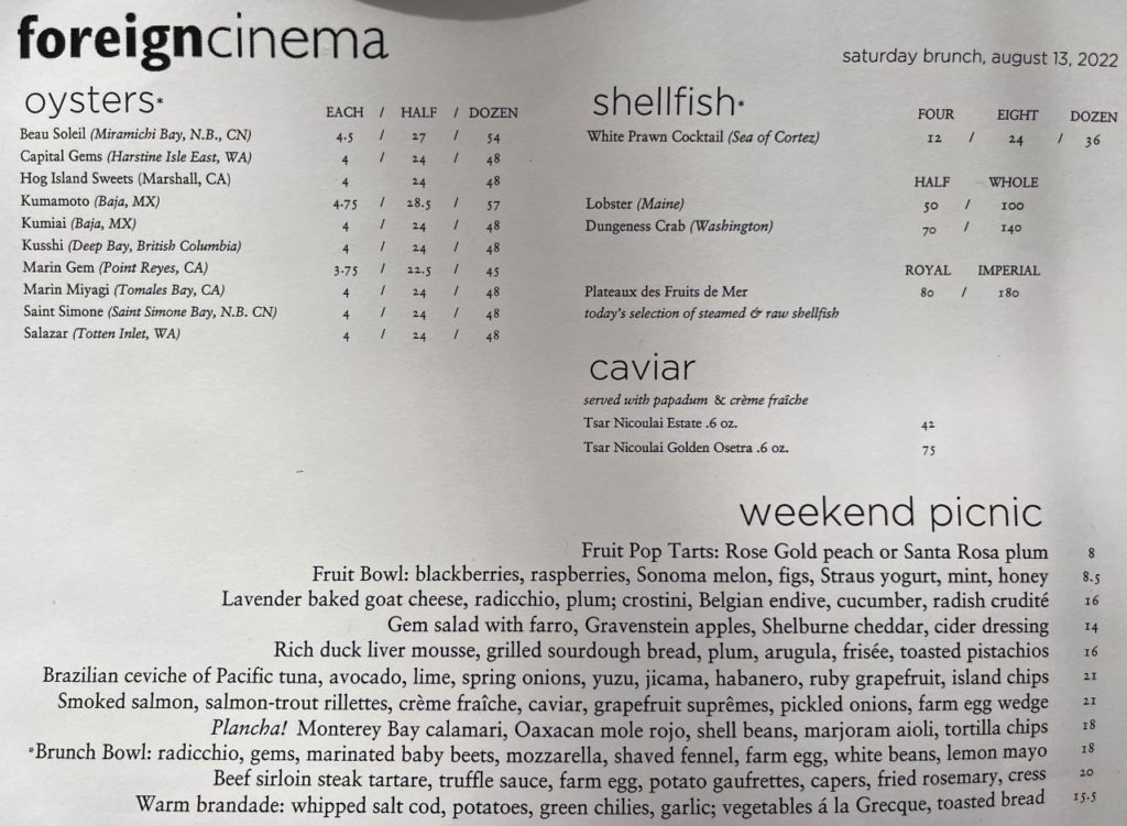 Foreign Cinema Brunch Menu