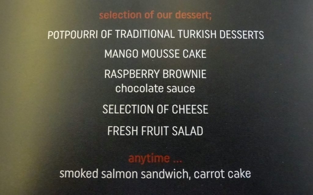 Turkish Airlines Business Class Dessert Menu