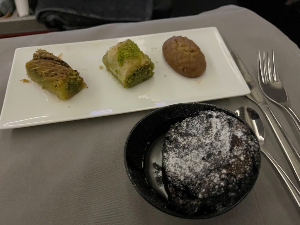 Baklava and Brownie with Chocolate Sauce Desserts, Turkish Airlines Business Class 