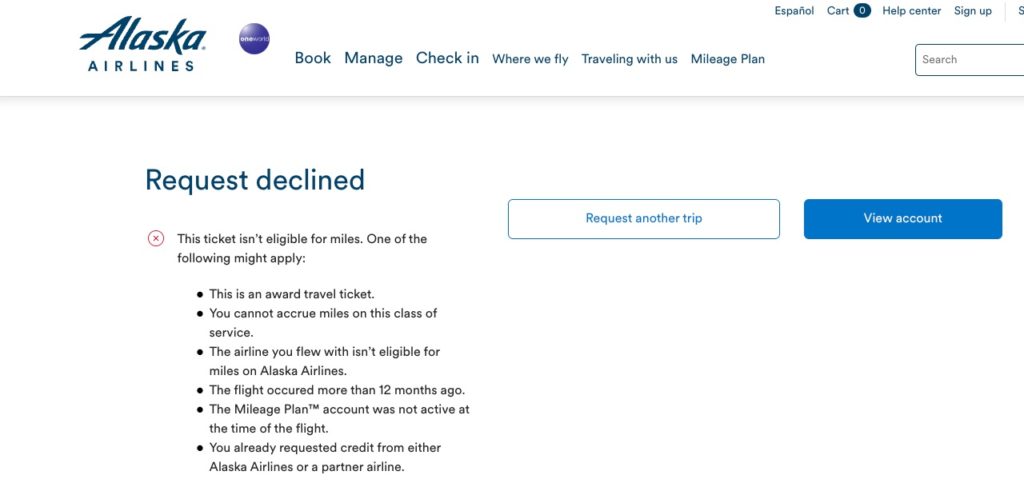 Alaska Airlines Retroactive Mileage Credit Error Message