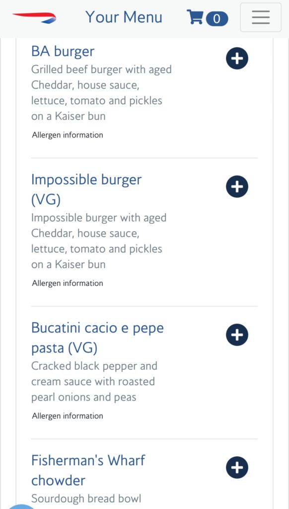 British Airways Lounge SFO Menu: burgers, pasta, chowder