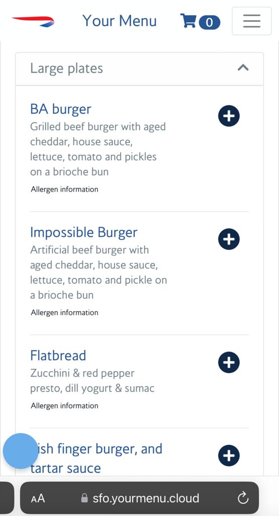 Menu for a la carte ordering, British Airways Lounge, SFO