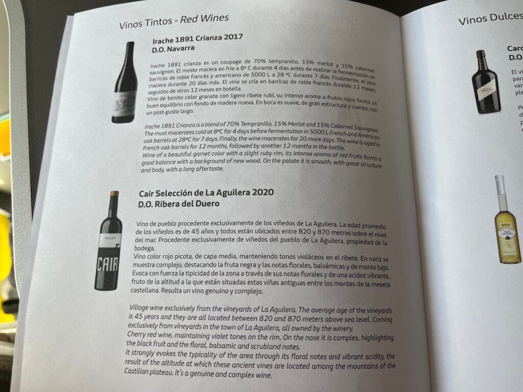Iberia Business Class Wine List