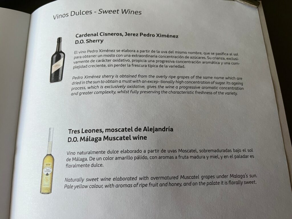 Iberia Business Class Sweet Wine List