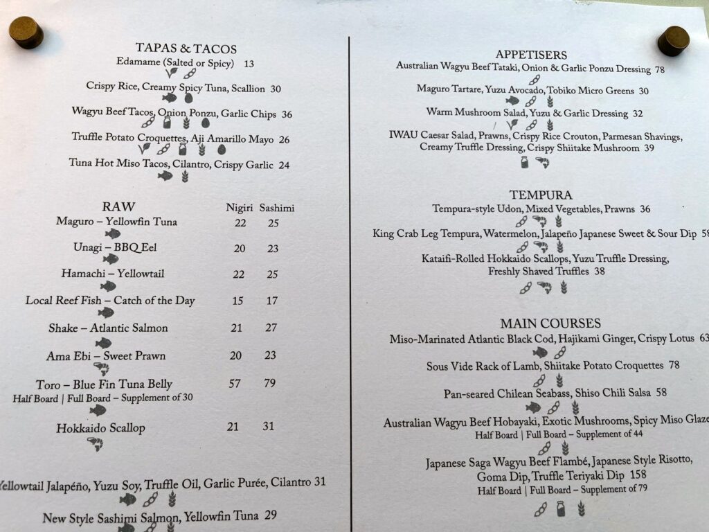Eau Bar Dinner Menu, Ritz-Carlton Maldives Review