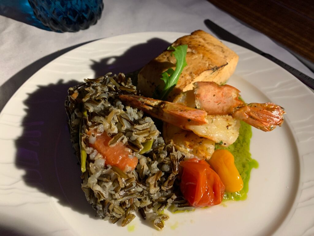 Salmon and Prawn Main Dish, Qatar First Class Review