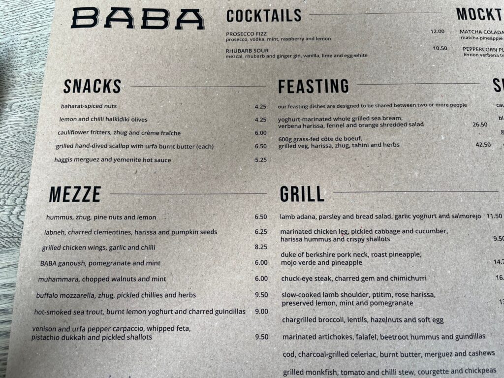 Baba Restaurant Menu, Edinburgh
