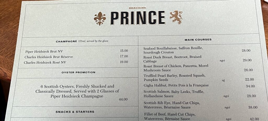 Brasserie Prince Dinner Menu, The Balmoral
