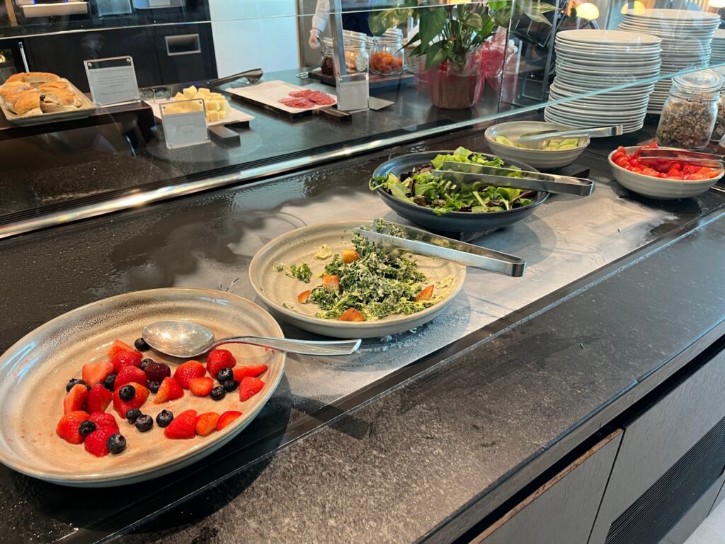 British Airways Lounge SFO for JAL Business Class: Salad and Fruit on Buffet