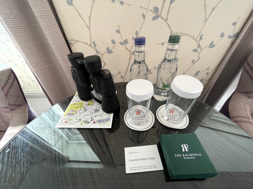 Bottled Water, Whisky Fudge Welcome Amenities, The Balmoral Hotel Edinburgh Review