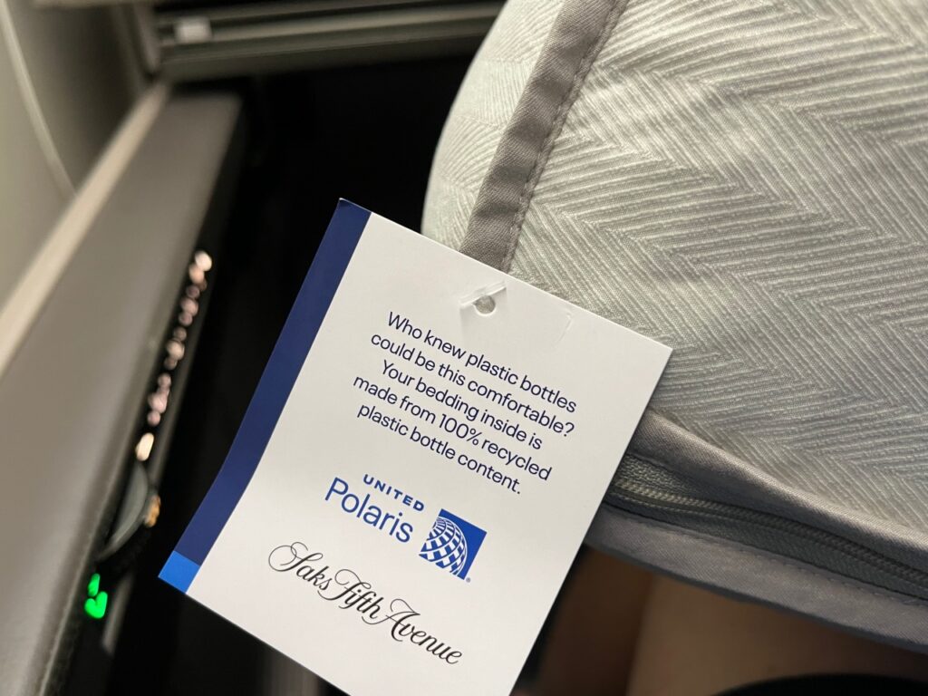United Polaris Business Class Saks Fifth Avenue Bedding Made from Recycled Plastic Bottles