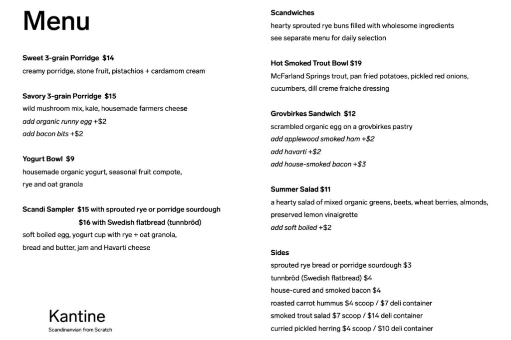 Kantine San Francisco Menu